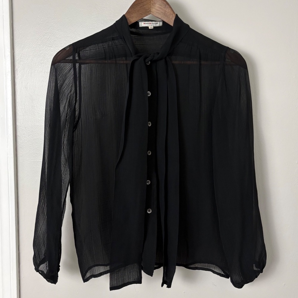 VTG Saint Laurent Silk Bow Blouse Womens 38 Black Sheer Rive Gauche Luxury